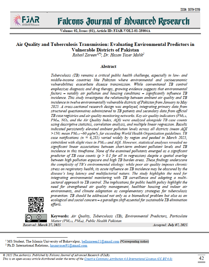 Air Quality and Tuberculosis Transmission: Evaluating Environmental Predictors in Vulnerable Districts of Pakistan